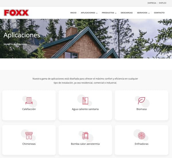 Página de aplicaciones de Foxx Ibérica: calefacción, biomasa, chimeneas y aerotermia