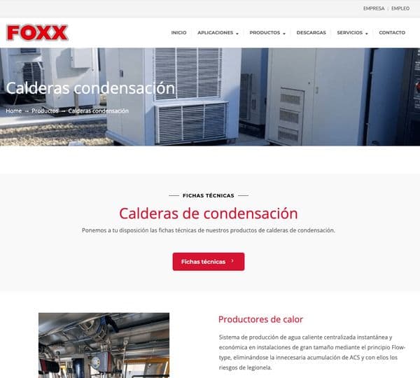 Ficha de producto de calderas de condensación en la web de Foxx Ibérica