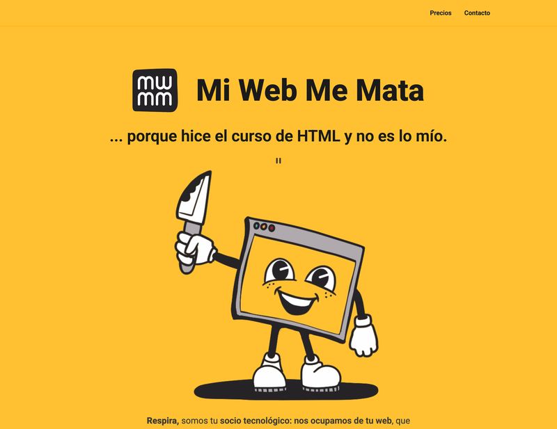 Portada de Mi Web Me Mata: el logotipo y su mascota, una ventana de navegador sonriente con un cuchillo, sobre fondo amarillo