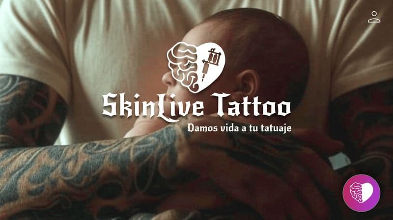 Pantalla de bienvenida de la app SkinLive Tattoo con su logo sobre una fotografía de un tatuaje