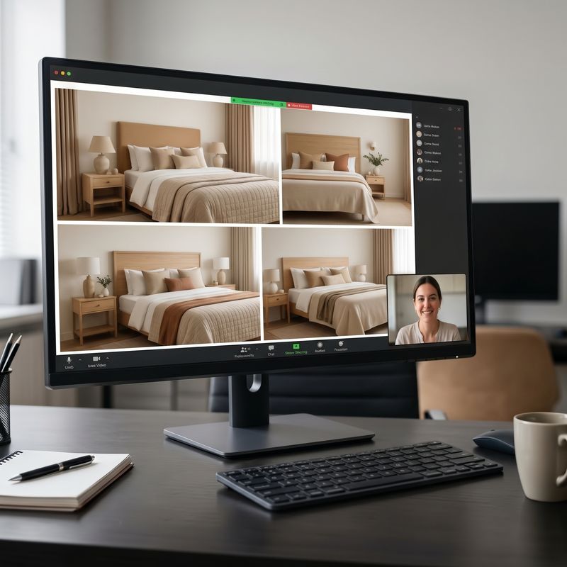 Videollamada en la pantalla de un escritorio, revisando fotografías de habitaciones de hotel
