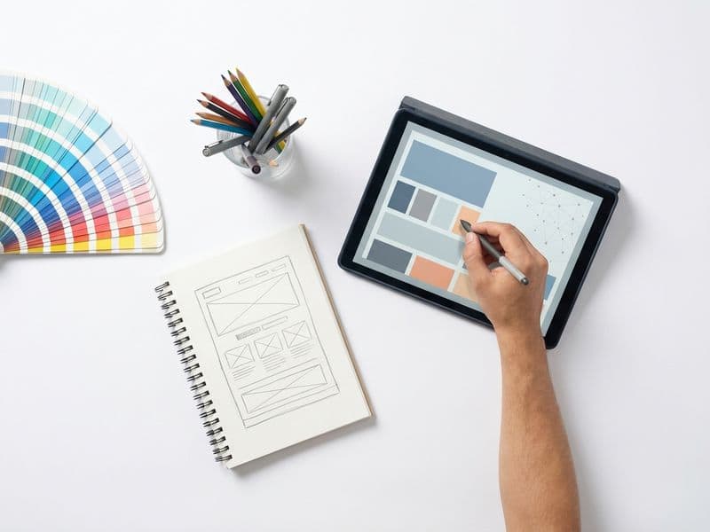Bocetos de una interfaz en un cuaderno y en una tableta
