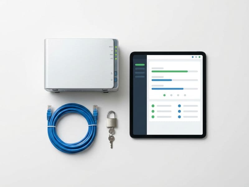 Servidor doméstico, cable de red y panel de control en una tableta