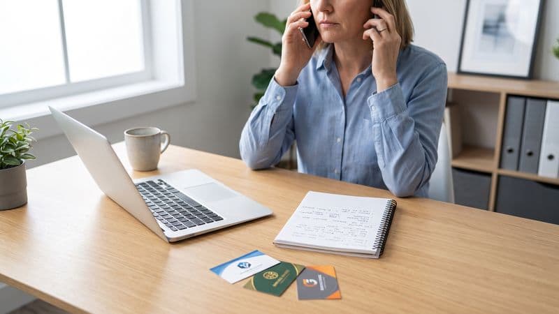Puesto de trabajo con portátil, cuaderno y tarjetas de visita