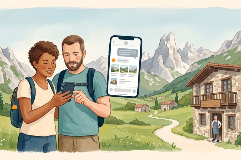 Una pareja de excursionistas consulta un chat en el móvil en un valle de Picos de Europa, mientras el dueño de un restaurante de piedra cercano espera en la puerta junto a un camino vacío.