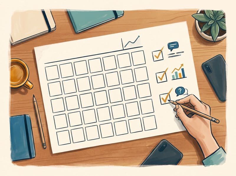 Calendario mensual sobre una mesa con tres comprobaciones marcadas: un chat, una gráfica que sube y un bocadillo con un interrogante.