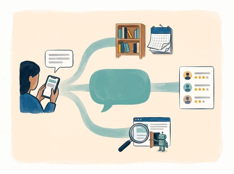Diagrama: la pregunta que una persona hace desde el móvil llega a la IA por dos caminos, uno desde una estantería con un calendario y otro desde una lupa sobre una web con un pequeño robot en la puerta; a la derecha, la respuesta con tres negocios valorados con estrellas.
