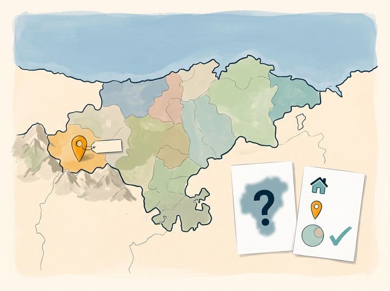 Mapa de Cantabria dividido en comarcas con una chincheta en Liébana. Al lado, dos fichas de negocio: una solo muestra una mancha borrosa y un interrogante; la otra, una casa, la ubicación, la zona de servicio y una marca de verificación.