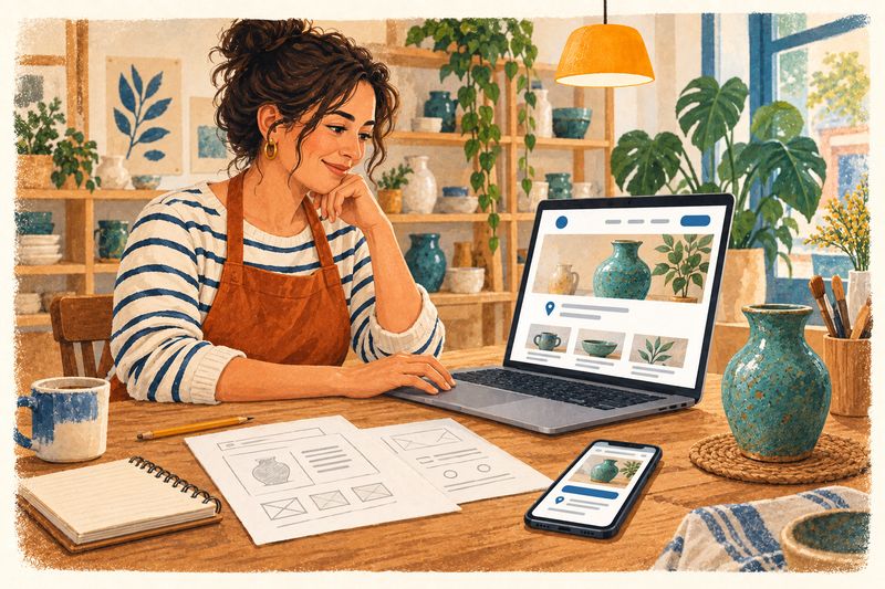 Una ceramista prepara la web de su negocio con un portátil, bocetos en papel y una vista para móvil.