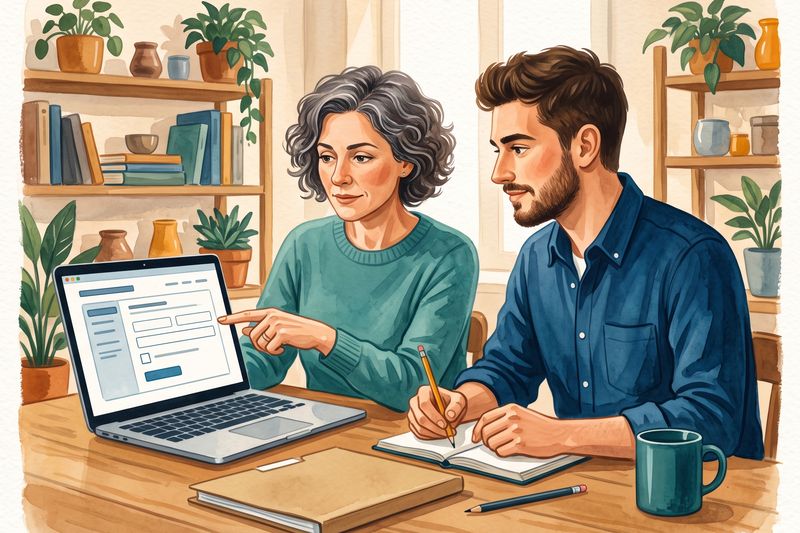 Una mujer señala el formulario de una web en un portátil mientras un hombre toma notas a su lado.