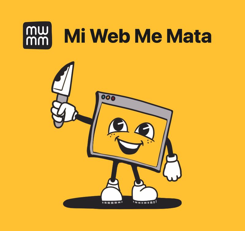 Logotipo de Mi Web Me Mata junto a su mascota, una ventana de navegador sonriente que sostiene un cuchillo
